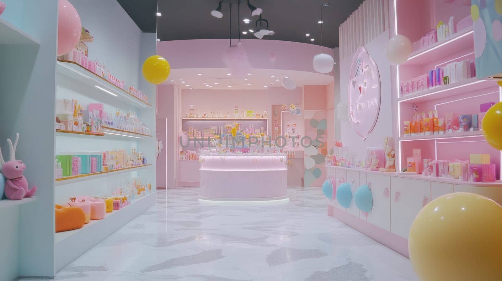 A charming pastel colored cosmetics store features playful decor inviting displays and a welcoming ambiance for shoppers.
