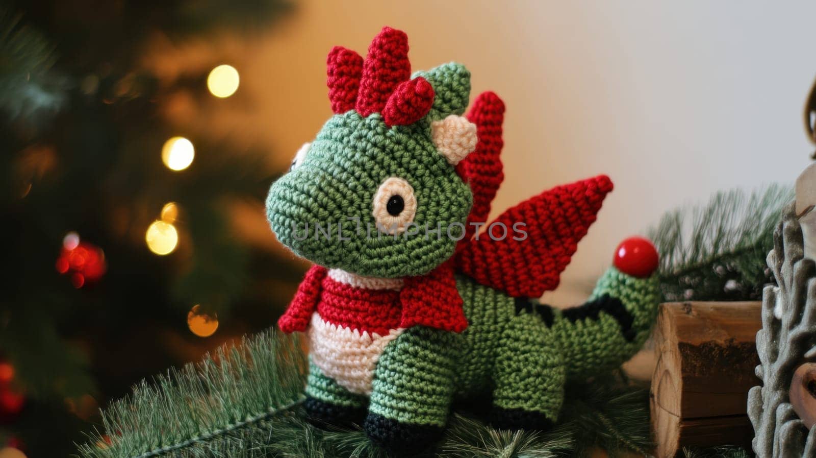 A charming crochet dragon ornament in festive colors sits near a decorated Christmas tree adding a playful touch to the holiday ambiance.