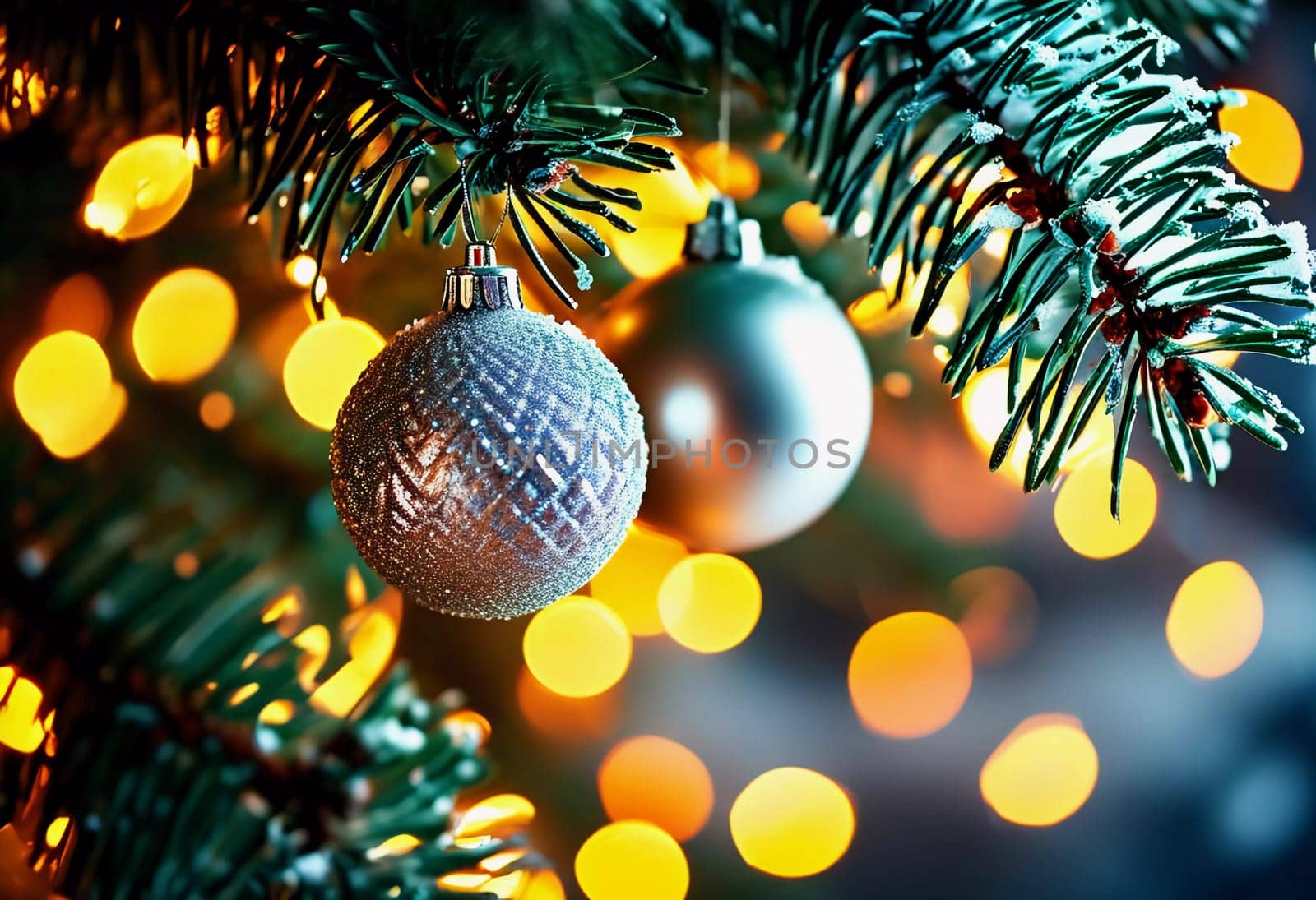 Colorful Christmas decorations adorn the branches of a spruce tree, vibrant balls in shades of blue, silver and golden embodying holiday cheer in winter. Happy New Year bokeh background generative AI.