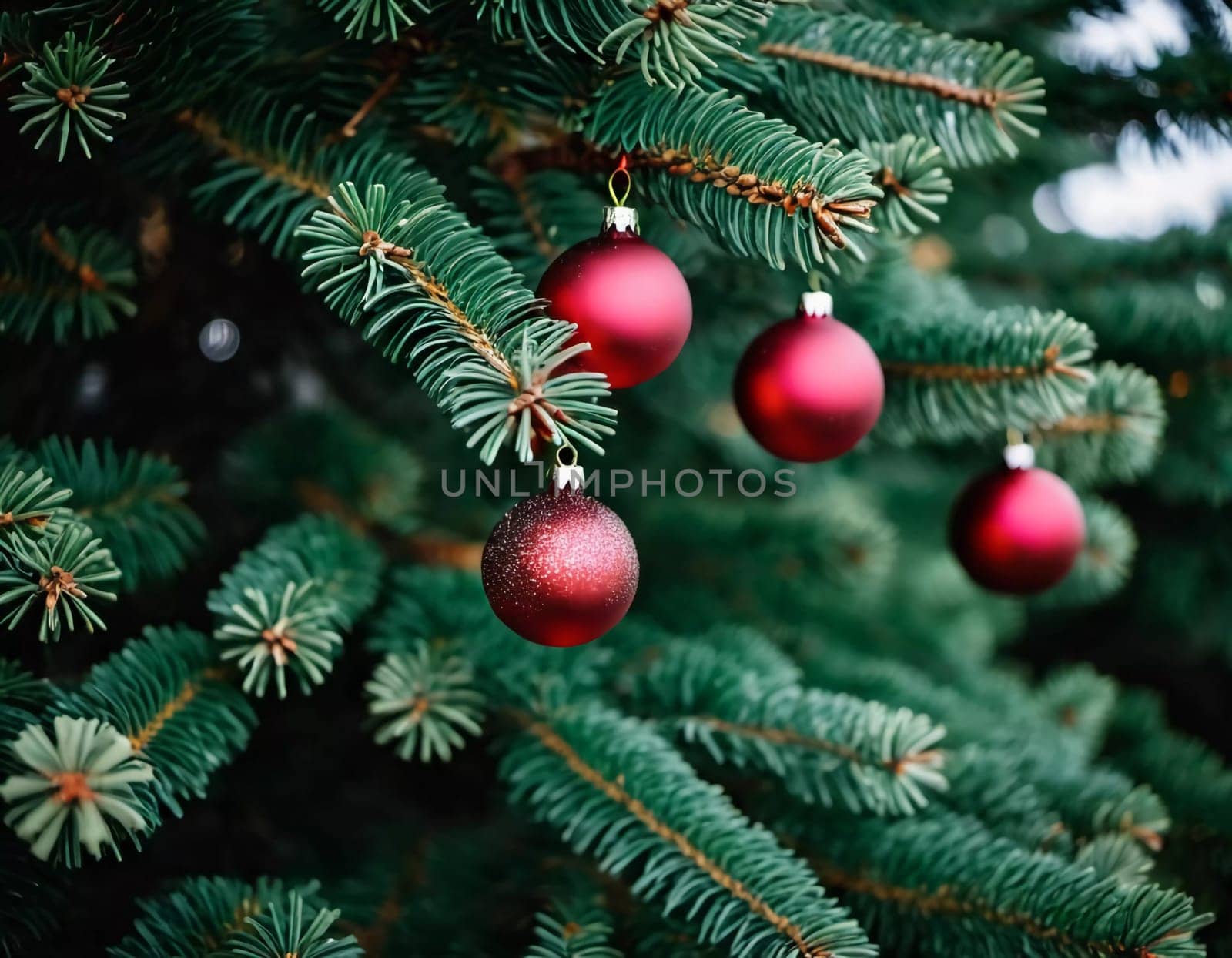 Colorful Christmas decorations adorn the branches of a spruce tree, vibrant balls in shades of red and pink, embodying holiday cheer in winter. Happy New Year art bokeh background. Generative AI.