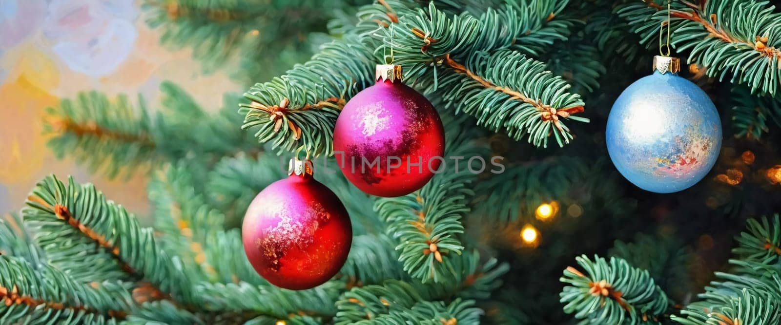 Colorful Christmas decorations adorn the branches of a spruce tree, vibrant balls in shades of red, blue and pink, embodying holiday cheer in winter. Happy New Year art bokeh background generative AI