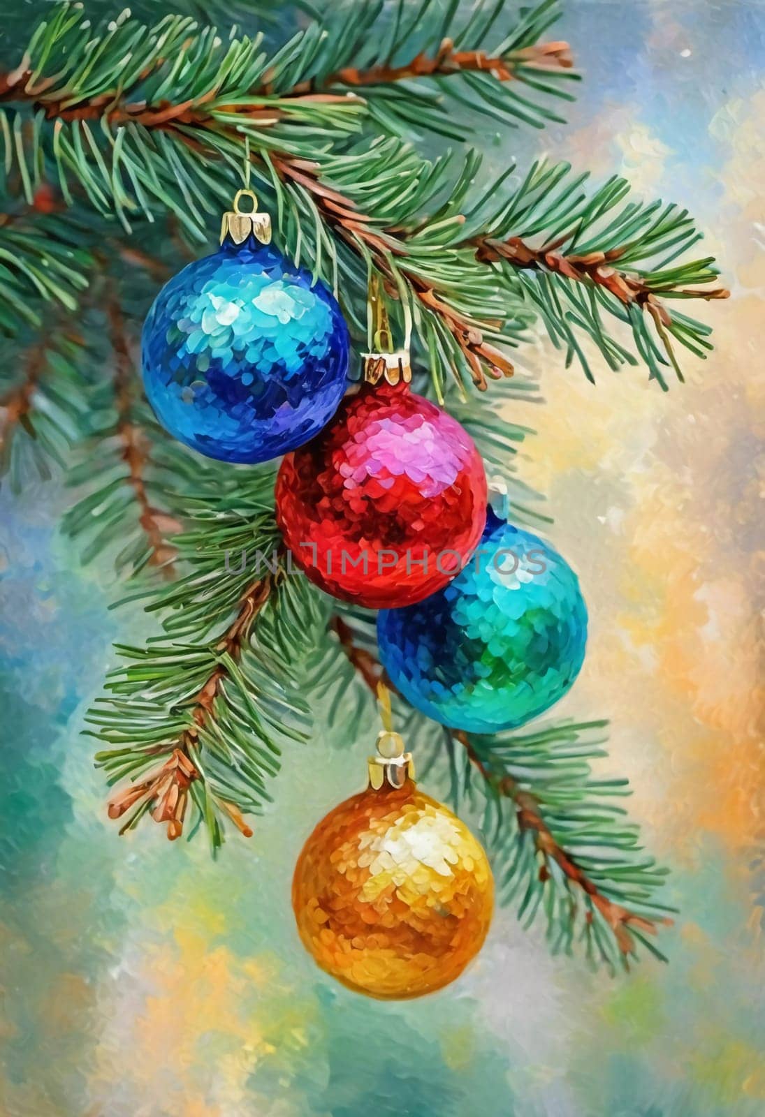 Colorful Christmas decorations adorn the branches of a spruce tree, vibrant balls in shades of red, blue, green, golden and pink, embodying holiday cheer. Happy New Year background. Generative AI.