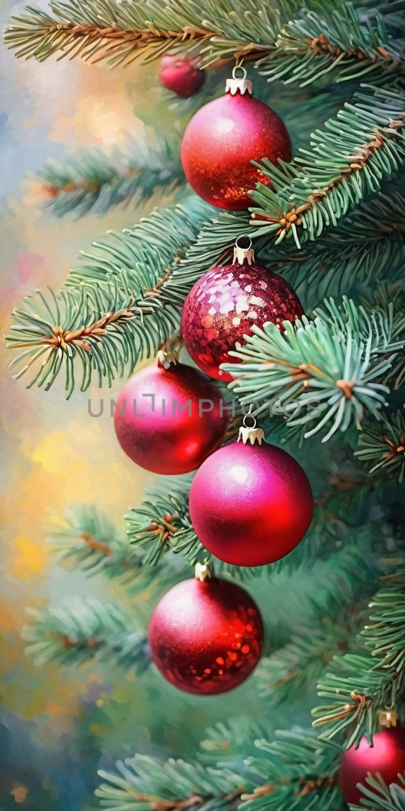 Colorful Christmas decorations adorn the branches of a spruce tree, vibrant balls in shades of red and pink, embodying holiday cheer in winter. Happy New Year art bokeh background. Generative AI.