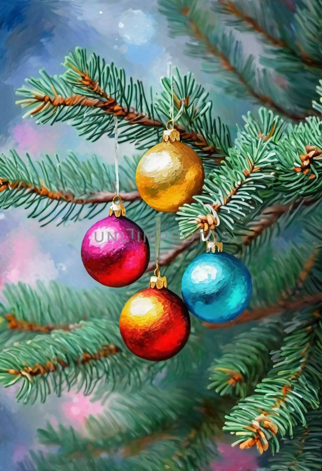 Colorful Christmas decorations adorn branches of a spruce tree, vibrant balls in shades of red, blue, golden and pink, embodying holiday cheer in winter. Happy New Year art background. Generative AI.