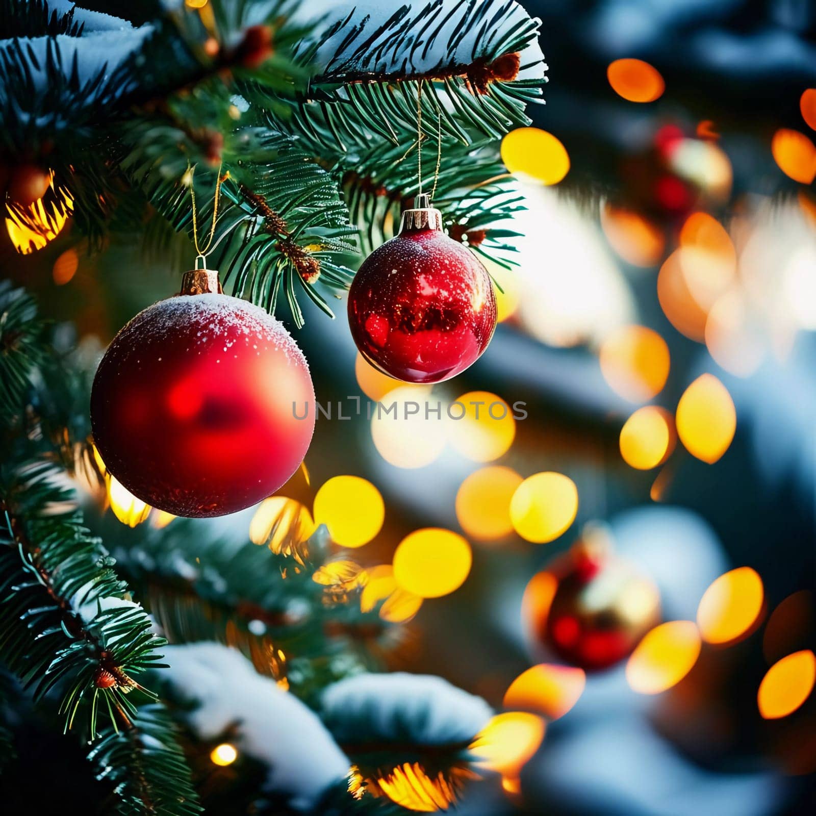 Colorful Christmas decorations adorn the branches of a spruce tree, vibrant balls in shades of red and pink, embodying holiday cheer in winter. Happy New Year art bokeh background. Generative AI.