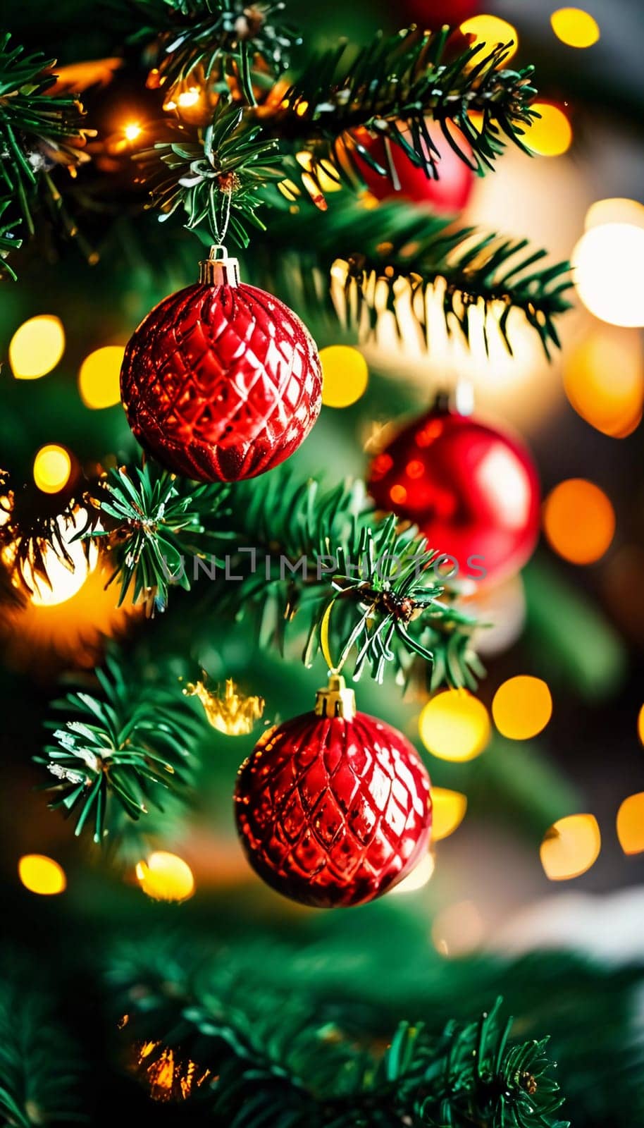 Colorful Christmas decorations adorn the branches of a spruce tree, vibrant balls in shades of red and pink, embodying holiday cheer in winter. Happy New Year art bokeh background. Generative AI.