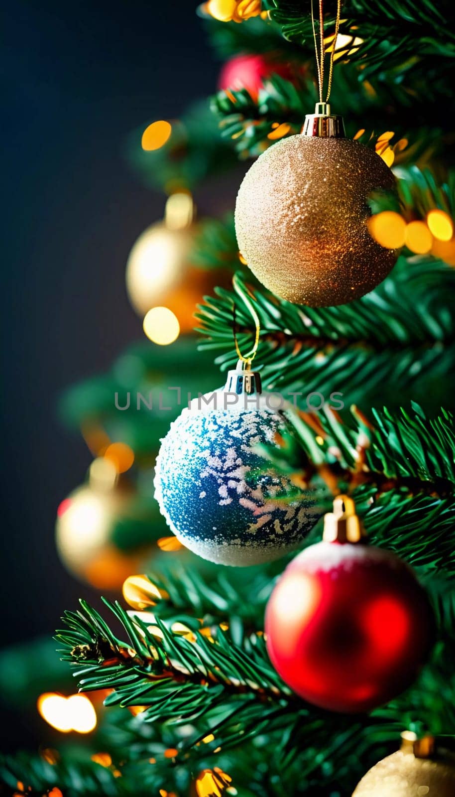 Colorful Christmas decorations adorn branches of a spruce tree, vibrant balls in shades of red, blue, golden and pink, embodying holiday cheer in winter. Happy New Year art background. Generative AI.