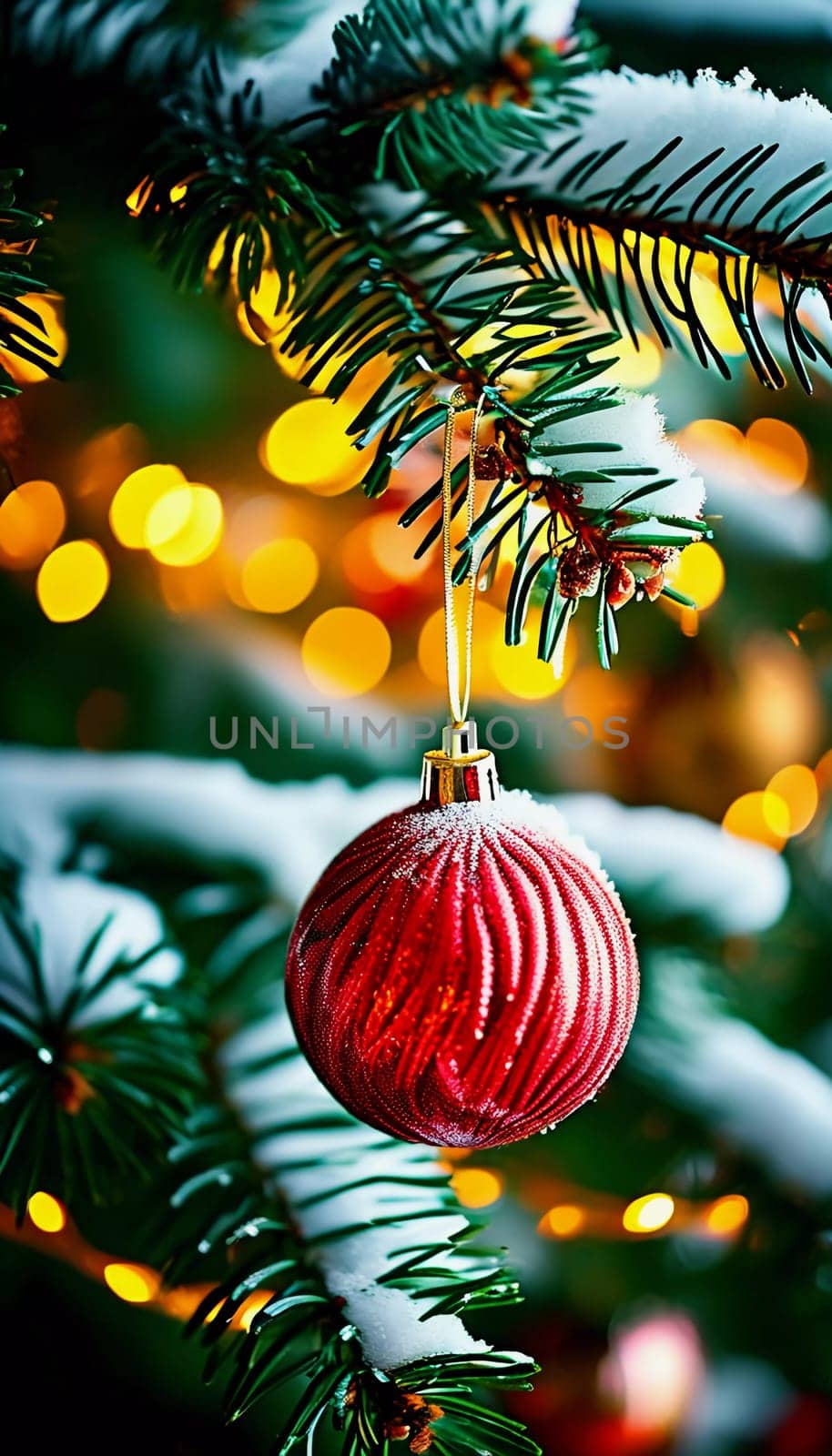 Colorful Christmas decorations adorn the branches of a spruce tree, vibrant balls in shades of red and pink, embodying holiday cheer in winter. Happy New Year art bokeh background. Generative AI.