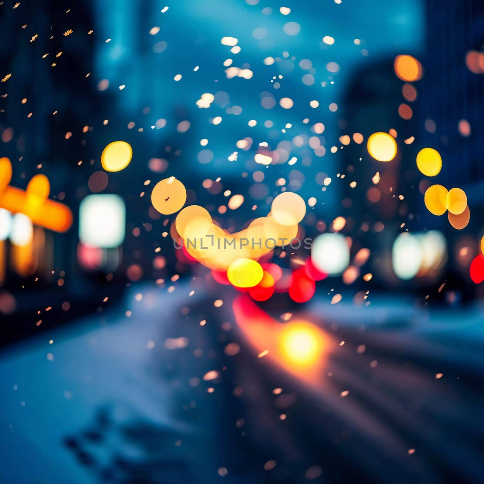 A quiet winter evening envelops a city street, where gently falling snow enhances the glow of Christmas lights. The festive atmosphere attracts people celebrating the New Year. Generative AI.