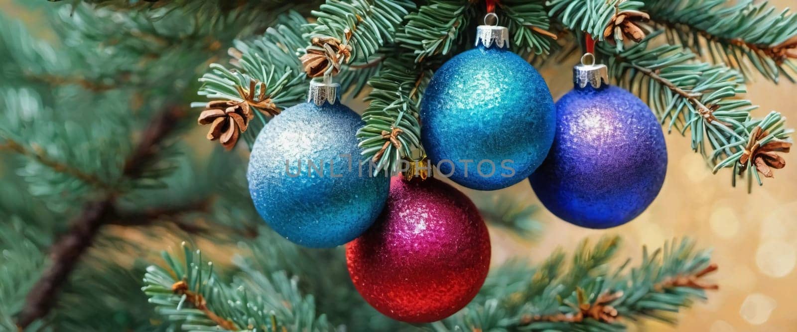 Colorful Christmas decorations adorn the branches of a spruce tree, vibrant balls in shades of red, blue, purple and pink, embodying holiday winter cheer. Happy New Year art background. Generative AI.