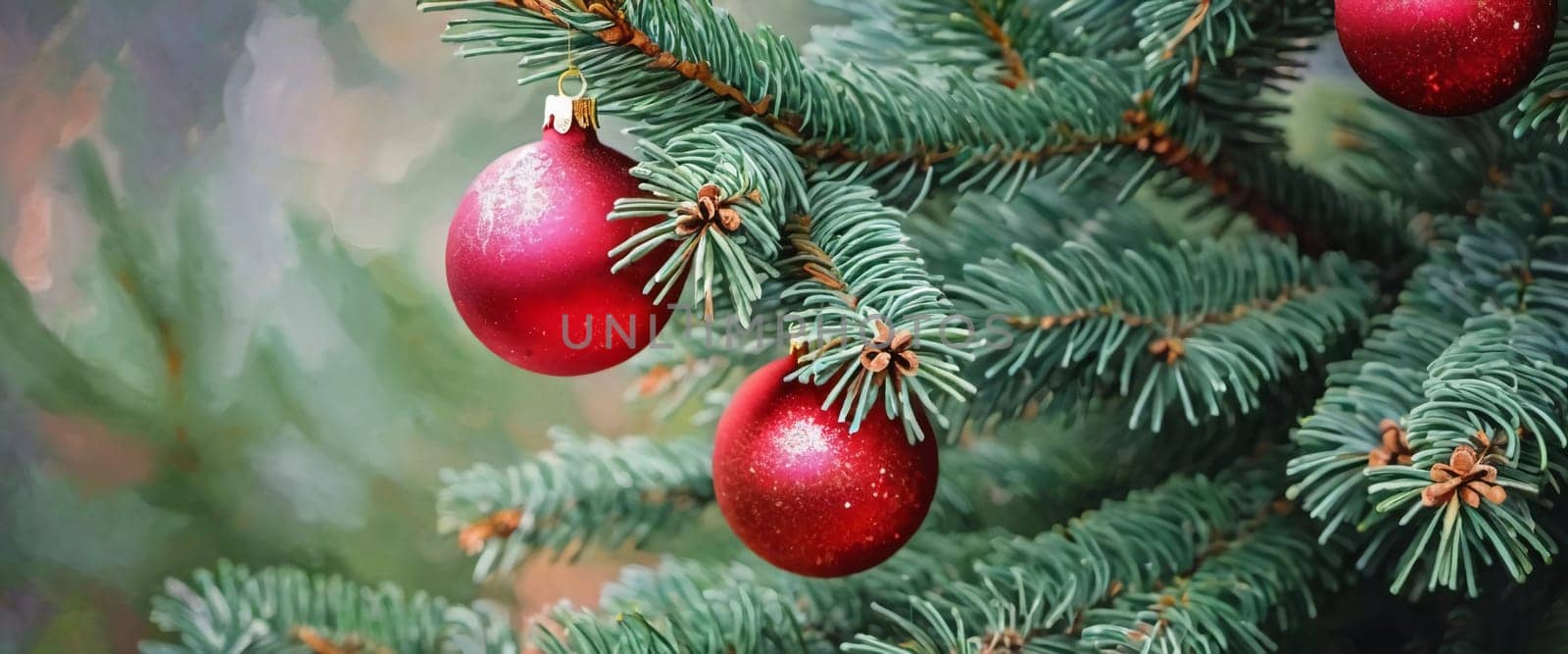 Colorful Christmas decorations adorn the branches of a spruce tree, vibrant balls in shades of red and pink, embodying holiday cheer in winter. Happy New Year art bokeh background. Generative AI.