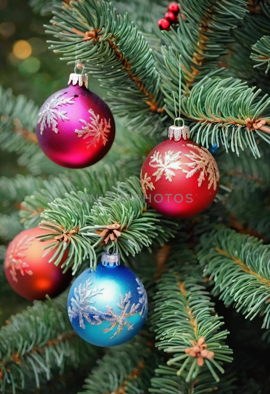 Colorful Christmas decorations adorn the branches of a spruce tree, vibrant balls in shades of red, blue and pink, embodying holiday cheer in winter. Happy New Year art bokeh background generative AI