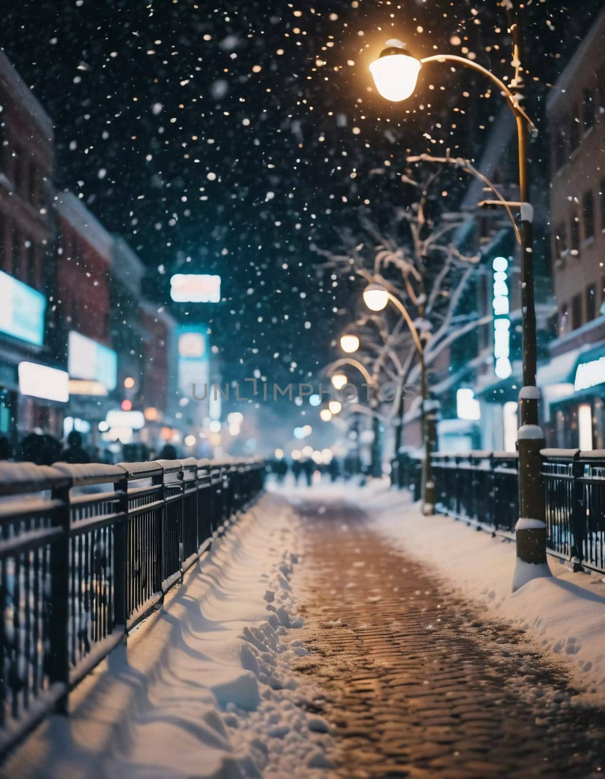 A quiet winter evening envelops a city street, where gently falling snow enhances the glow of Christmas lights. The festive atmosphere attracts people celebrating the New Year. Generative AI.