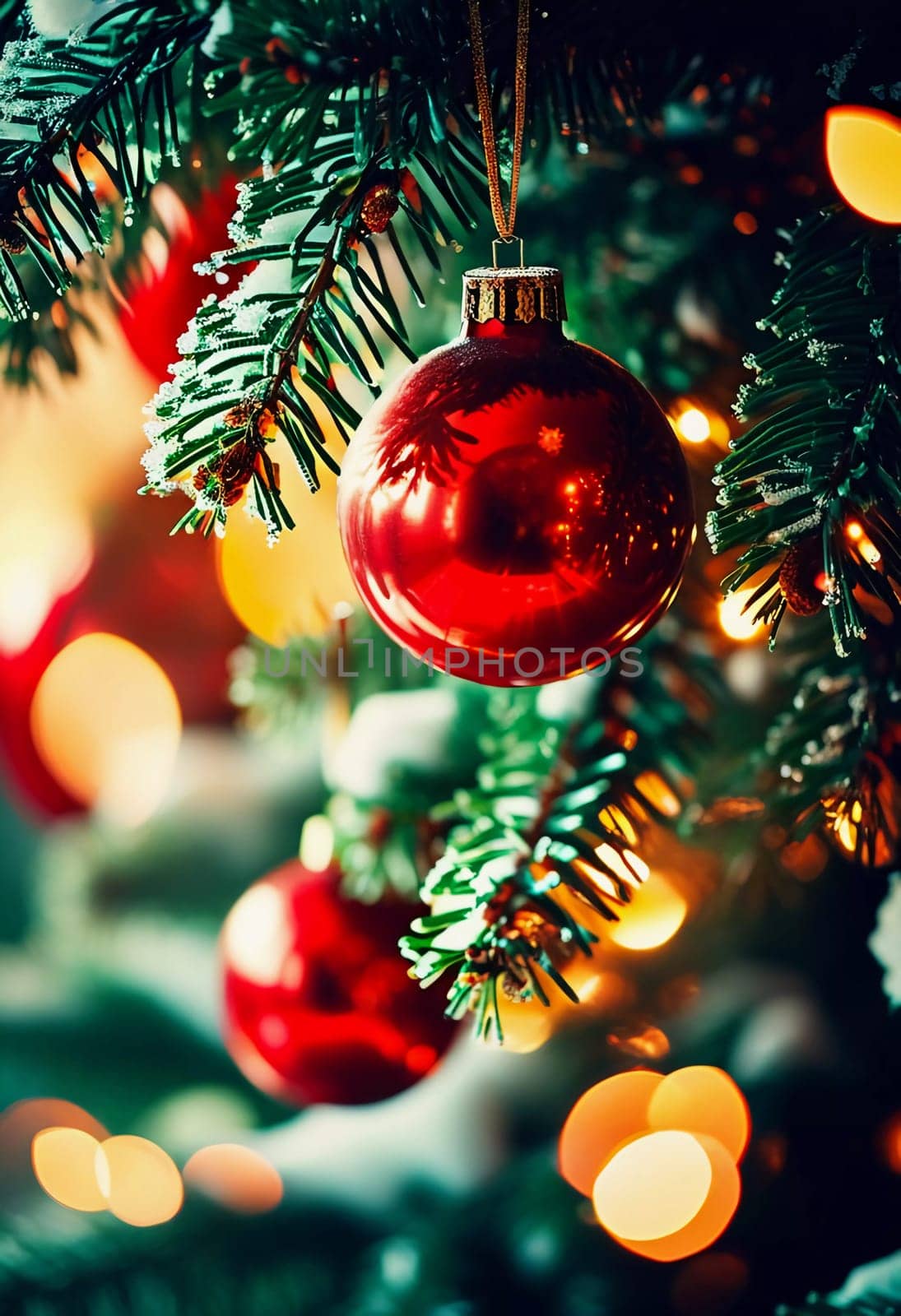 Sparkling ornament balls in vibrant red and gold hang from a lush spruce tree branch. Soft, warm lights twinkle enhancing festive spirit of Christmas. Happy New Year. Anamorphic  bokeh. Generative AI.