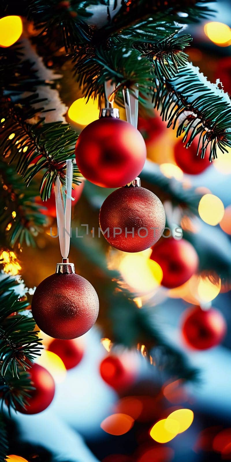 Colorful Christmas decorations adorn the branches of a spruce tree, vibrant balls in shades of red and pink, embodying holiday cheer in winter. Happy New Year art bokeh background. Generative AI.