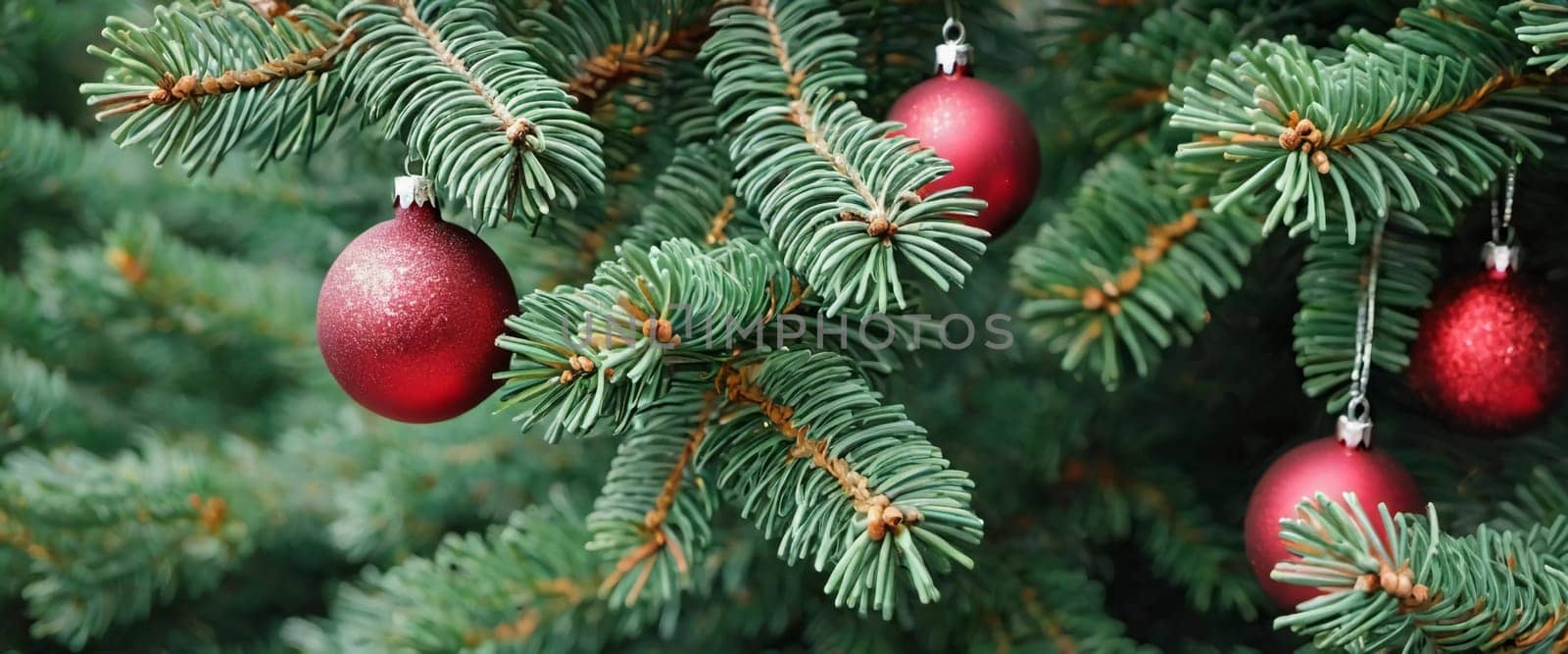 Colorful Christmas decorations adorn the branches of a spruce tree, vibrant balls in shades of red and pink, embodying holiday cheer in winter. Happy New Year art bokeh background. Generative AI.