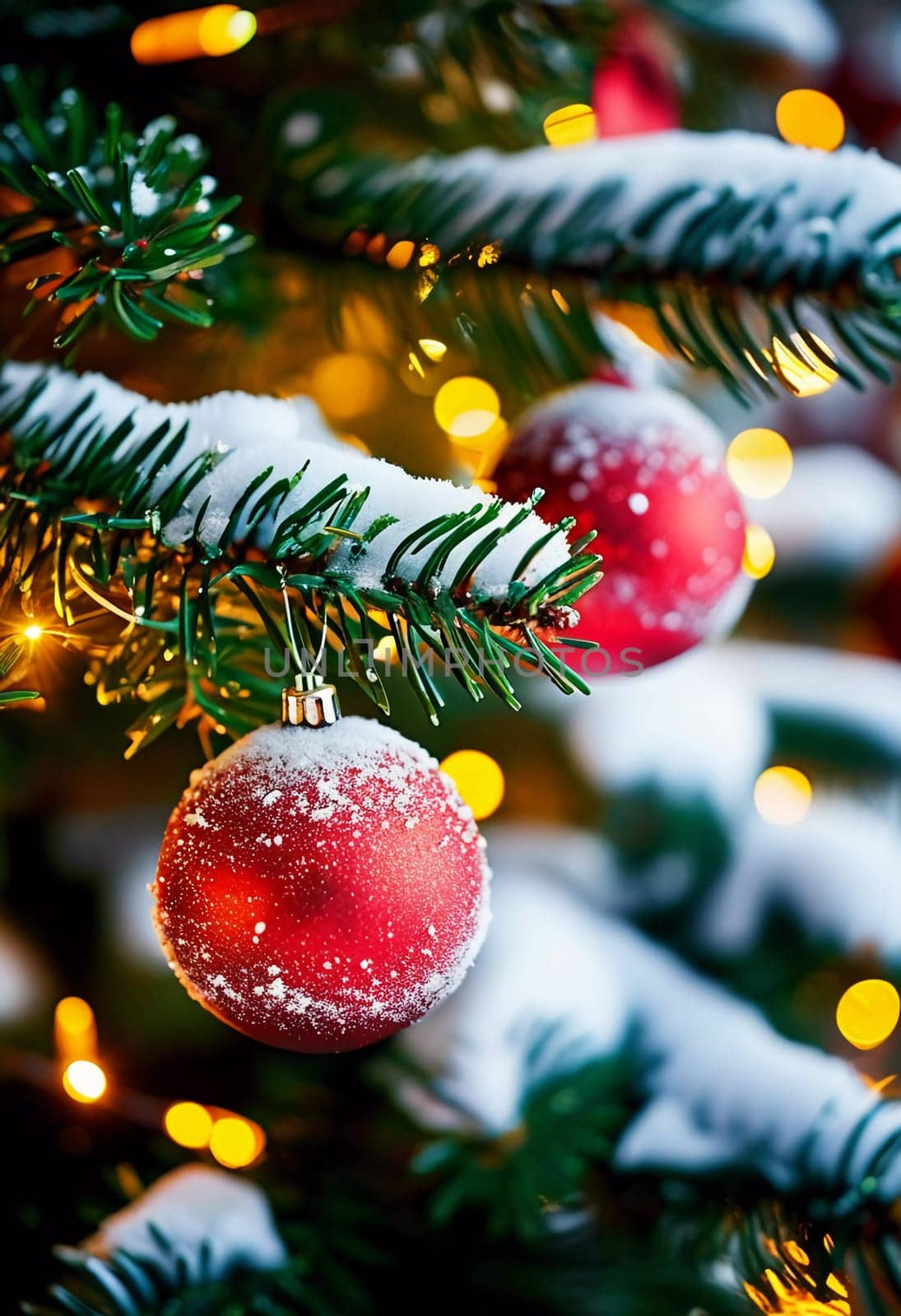 Colorful Christmas decorations adorn the branches of a spruce tree, vibrant balls in shades of red and pink, embodying holiday cheer in winter. Happy New Year art bokeh background. Generative AI.