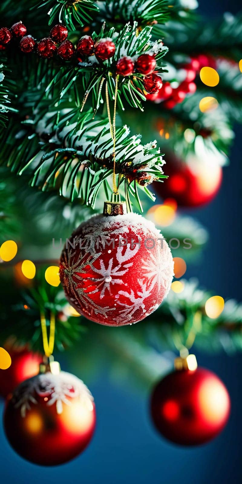 Colorful Christmas decorations adorn the branches of a spruce tree, vibrant balls in shades of red and pink, embodying holiday cheer in winter. Happy New Year art bokeh background. Generative AI.