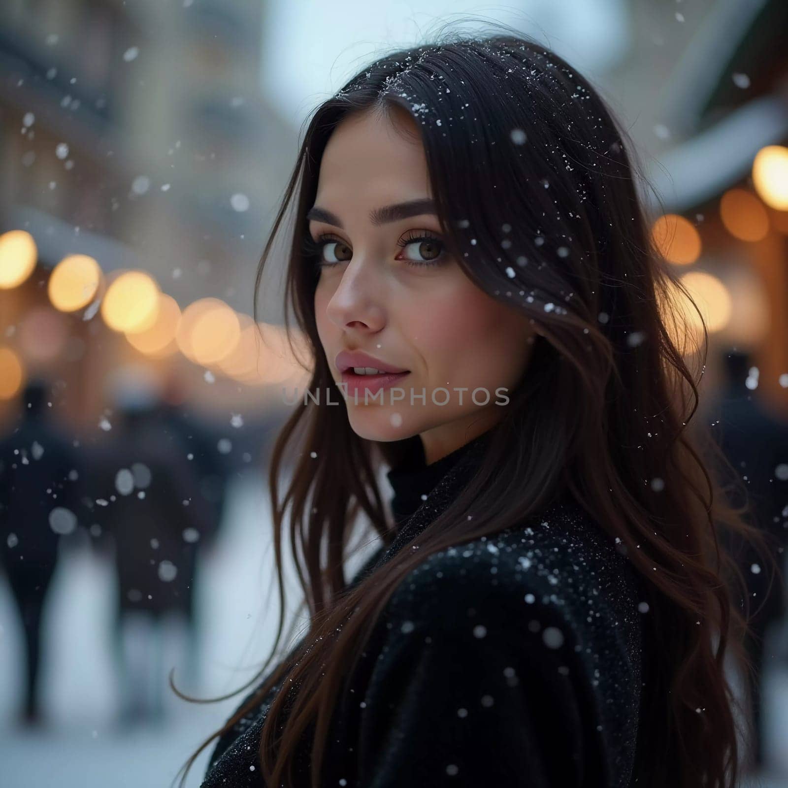 A stunning woman is looking softly as snowflakes fall around her in a delightful city setting, capturing the magic of the Christmas season. Beautiful brunette with long hair. Generative AI.