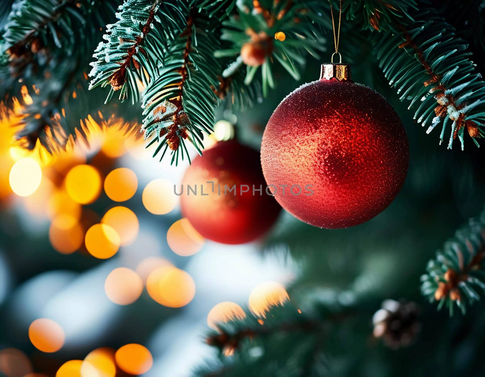Colorful Christmas decorations adorn the branches of a spruce tree, vibrant balls in shades of red and pink, embodying holiday cheer in winter. Happy New Year art bokeh background. Generative AI.