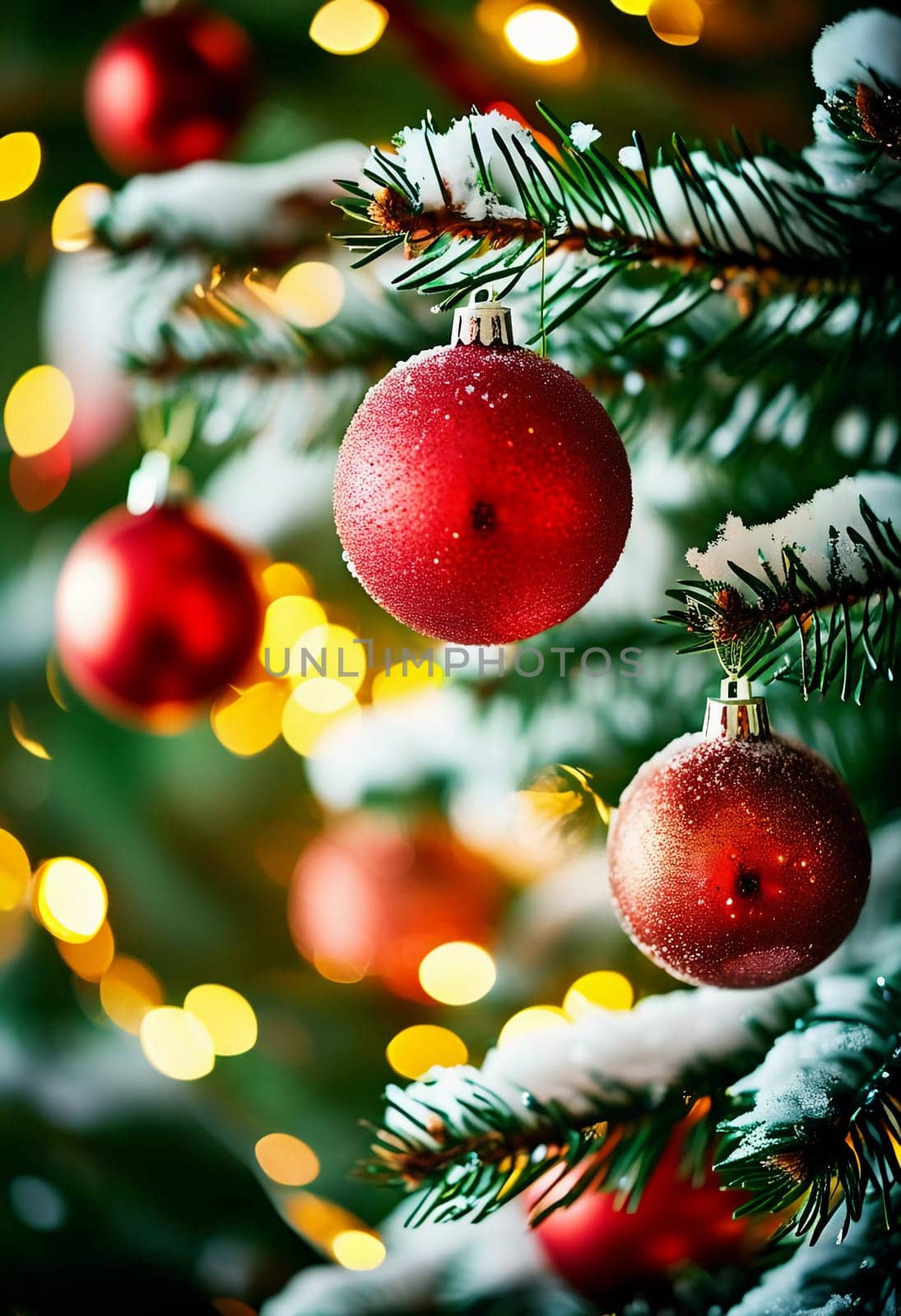 Colorful Christmas decorations adorn the branches of a spruce tree, vibrant balls in shades of red and pink, embodying holiday cheer in winter. Happy New Year art bokeh background. Generative AI.