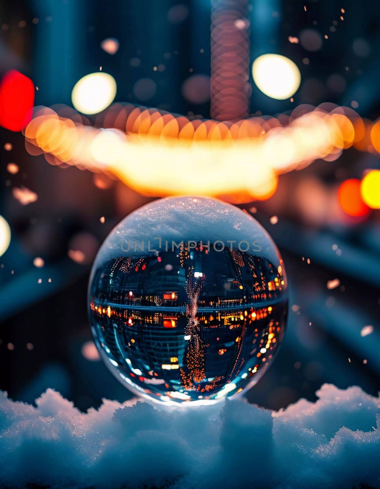 A snowy city street glows with festive Christmas lights, while a crystal ball captures the enchanting reflections of the colorful decorations on a winter evening. Generative AI.