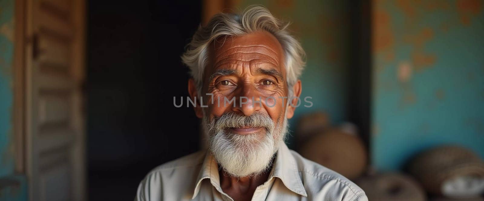 An elderly man from India exudes joy with a warm smile and twinkling eyes. His gray hair and beard reflect the wisdom of his years, showcasing a life rich in experiences.