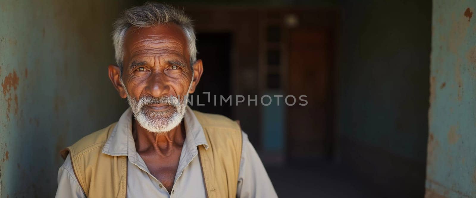 An elderly man from India exudes joy with a warm smile and twinkling eyes. His gray hair and beard reflect the wisdom of his years, showcasing a life rich in experiences.