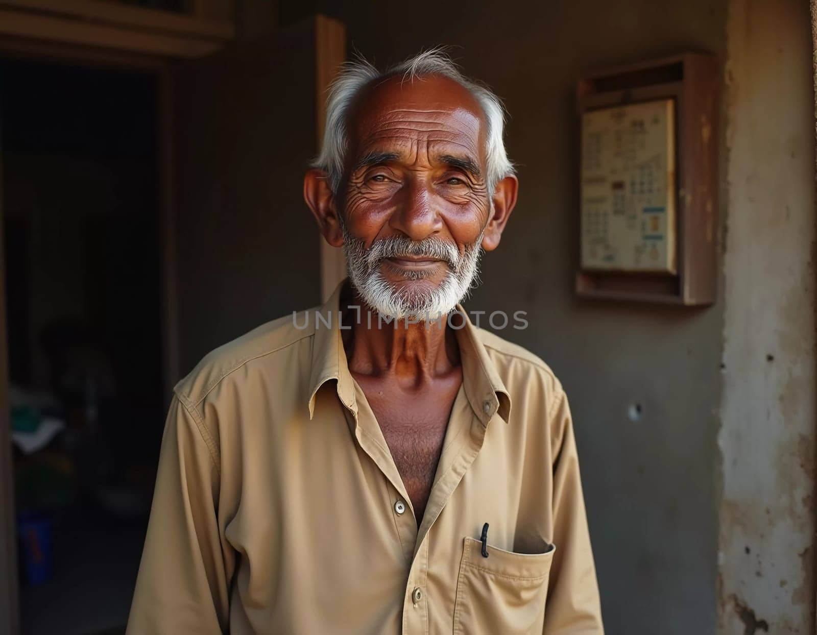 An elderly man from India exudes joy with a warm smile and twinkling eyes. His gray hair and beard reflect the wisdom of his years, showcasing a life rich in experiences.