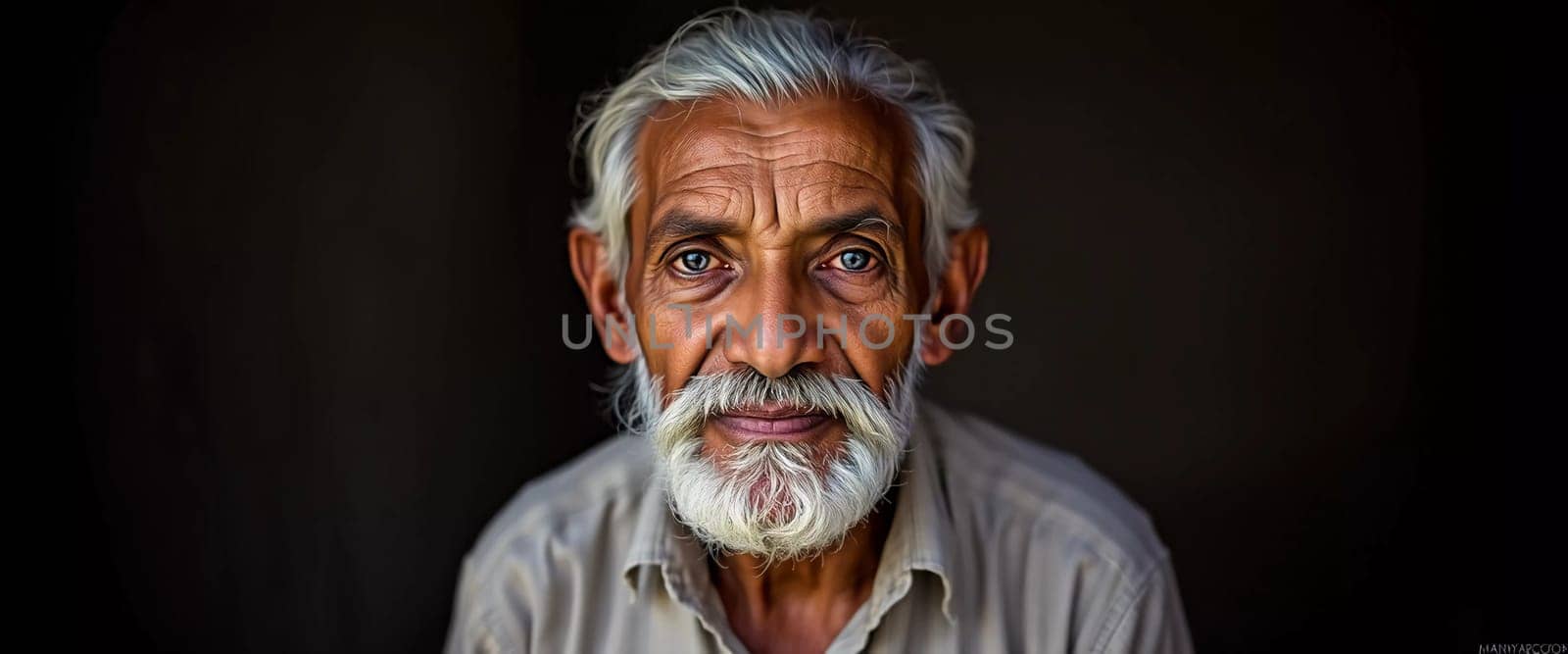 An elderly man from India exudes joy with a warm smile and twinkling eyes. His gray hair and beard reflect the wisdom of his years, showcasing a life rich in experiences.