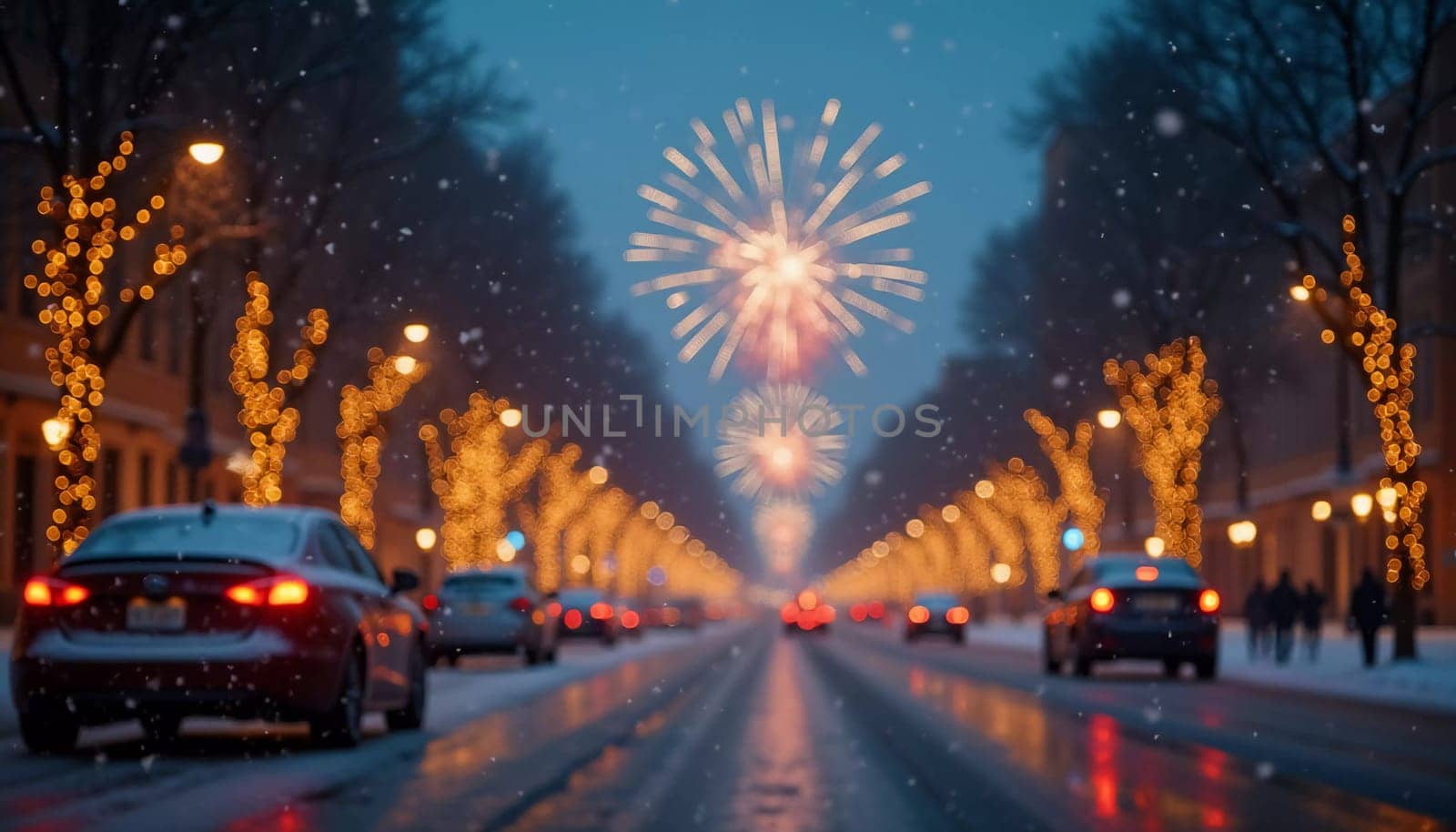A quiet winter evening envelops a city street, where gently falling snow enhances the glow of Christmas lights. The festive atmosphere attracts people celebrating the New Year. Generative AI.
