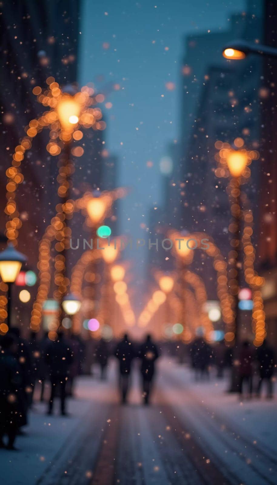 A quiet winter evening envelops a city street, where gently falling snow enhances the glow of Christmas lights. The festive atmosphere attracts people celebrating the New Year. Generative AI.