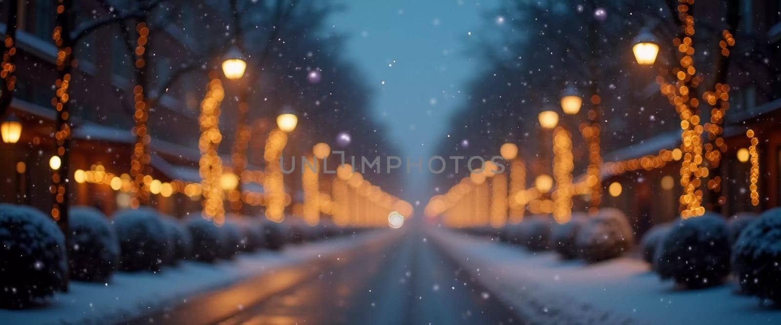 A quiet winter evening envelops a city street, where gently falling snow enhances the glow of Christmas lights. The festive atmosphere attracts people celebrating the New Year. Generative AI.