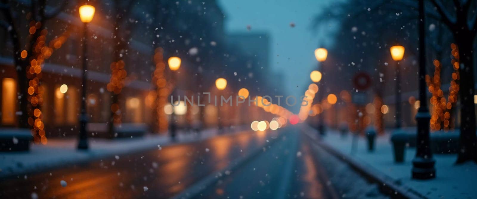 A quiet winter evening envelops a city street, where gently falling snow enhances the glow of Christmas lights. The festive atmosphere attracts people celebrating the New Year. Generative AI.