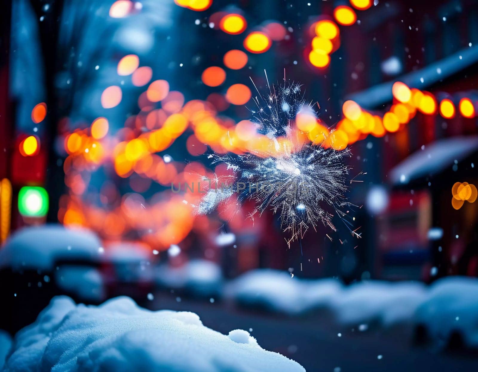 A quiet winter evening envelops a city street, where gently falling snow enhances the glow of Christmas lights. The festive atmosphere attracts people celebrating the New Year. Generative AI.