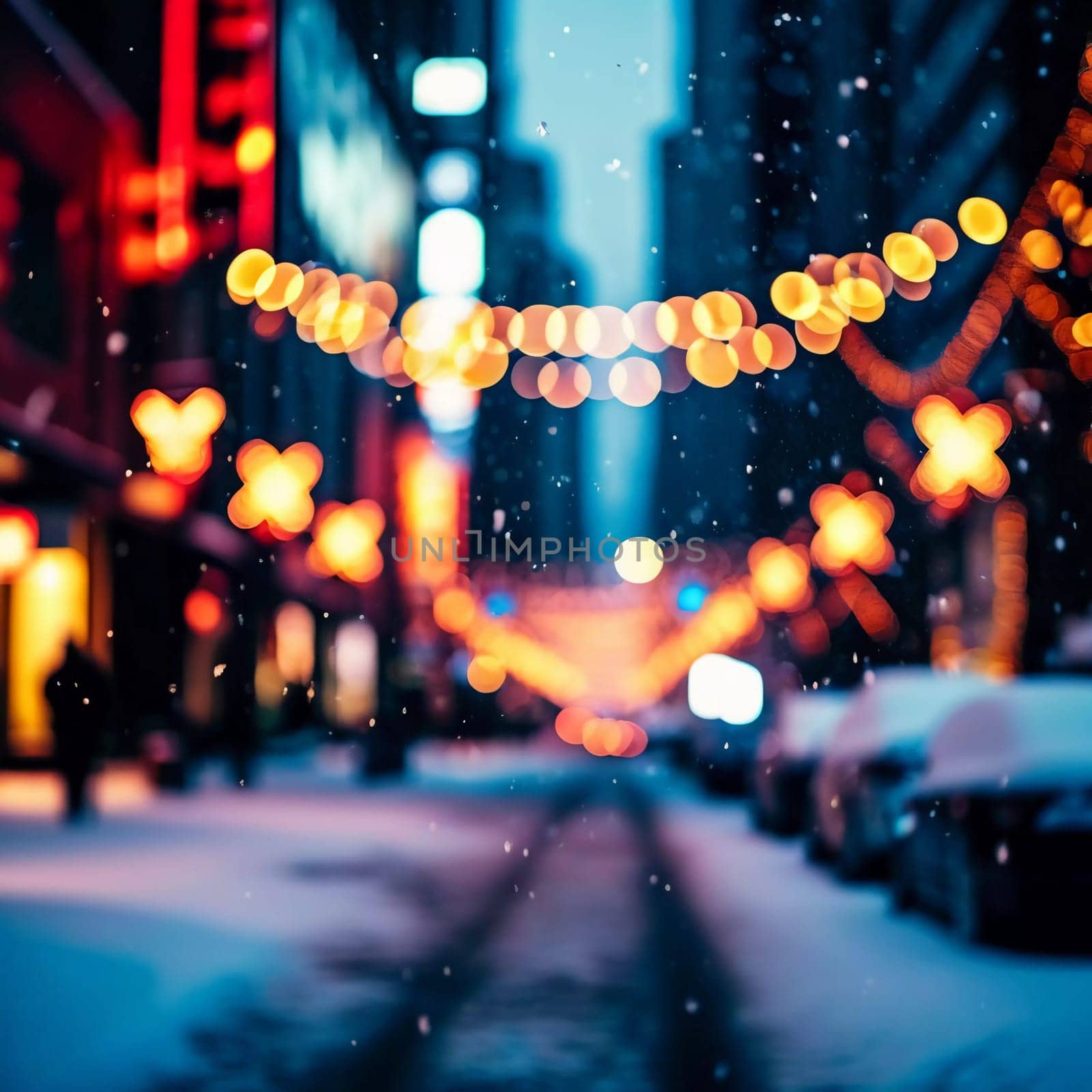 A quiet winter evening envelops a city street, where gently falling snow enhances the glow of Christmas lights. The festive atmosphere attracts people celebrating the New Year. Generative AI.