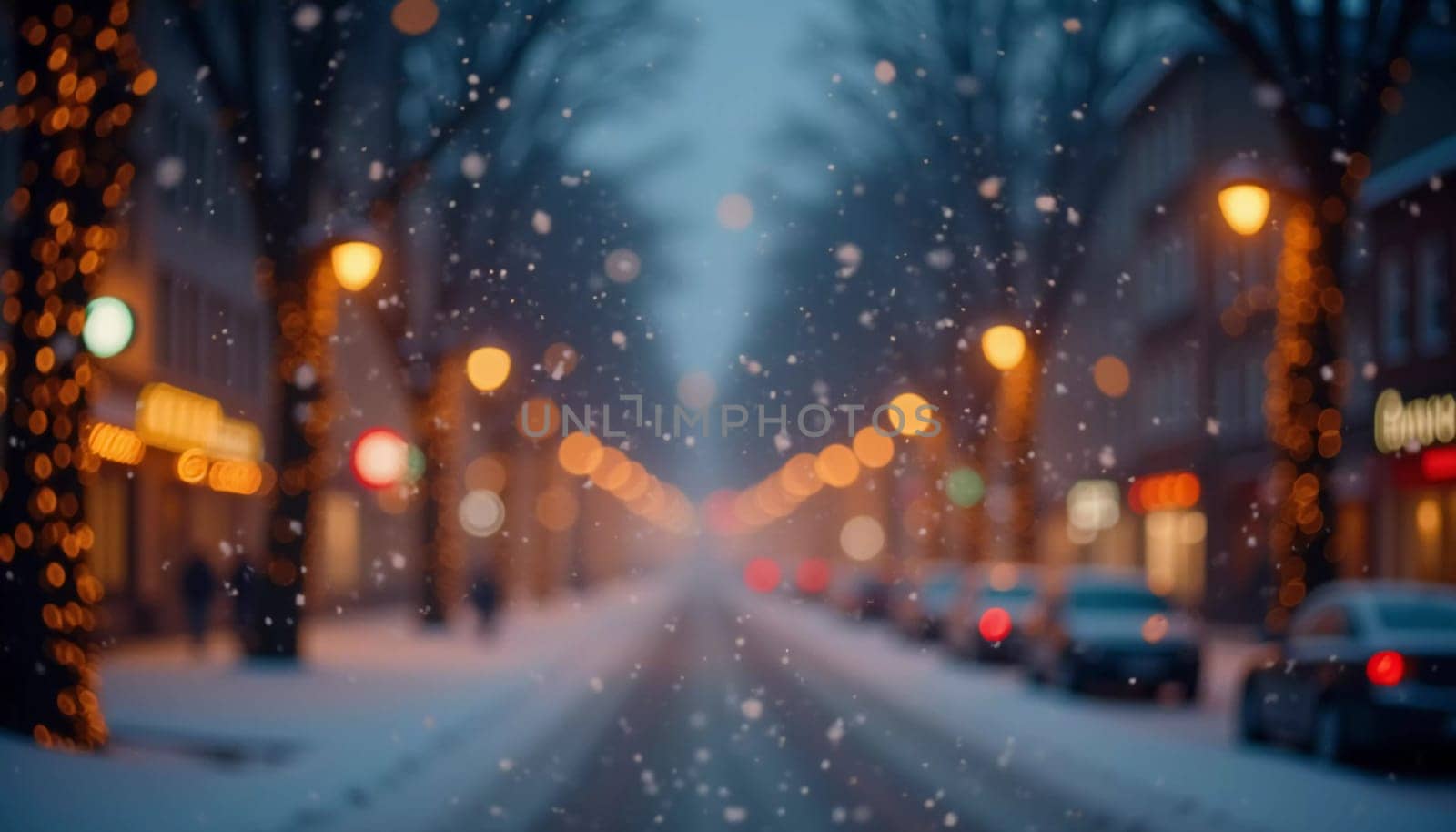 A quiet winter evening envelops a city street, where gently falling snow enhances the glow of Christmas lights. The festive atmosphere attracts people celebrating the New Year. Generative AI.
