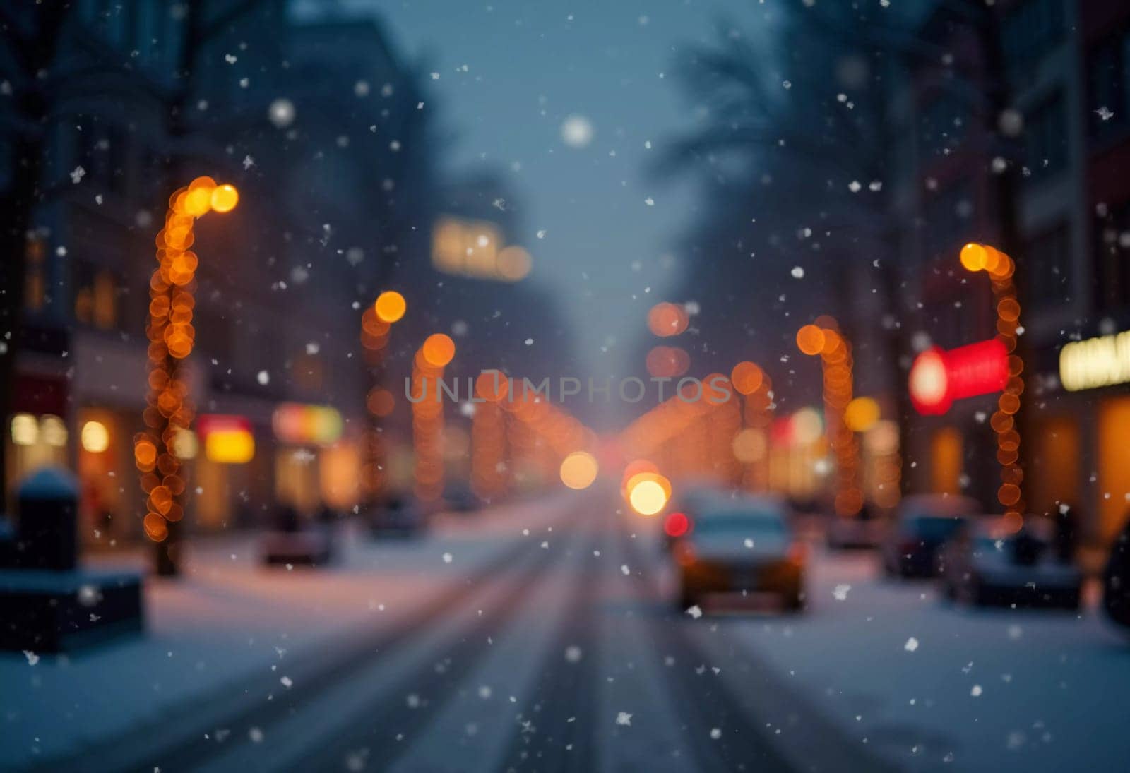 A quiet winter evening envelops a city street, where gently falling snow enhances the glow of Christmas lights. The festive atmosphere attracts people celebrating the New Year. Generative AI.