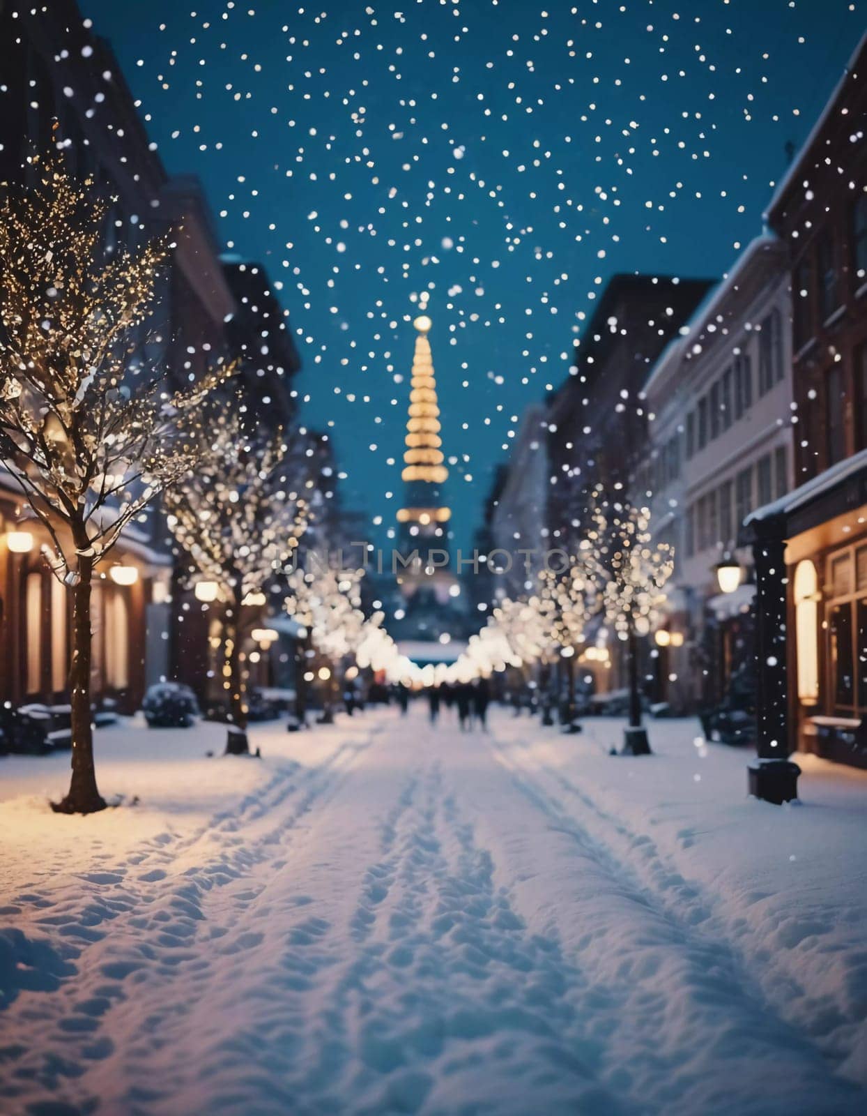 A quiet winter evening envelops a city street, where gently falling snow enhances the glow of Christmas lights. The festive atmosphere attracts people celebrating the New Year. Generative AI.