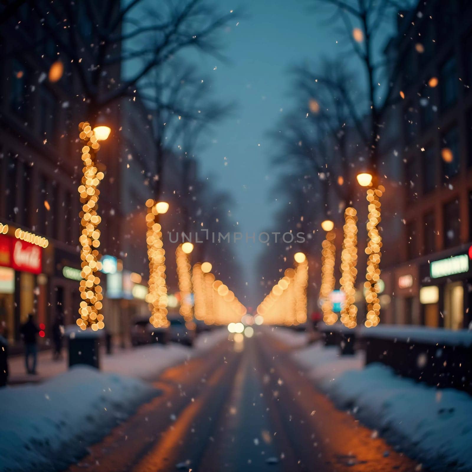 A quiet winter evening envelops a city street, where gently falling snow enhances the glow of Christmas lights. The festive atmosphere attracts people celebrating the New Year. Generative AI.