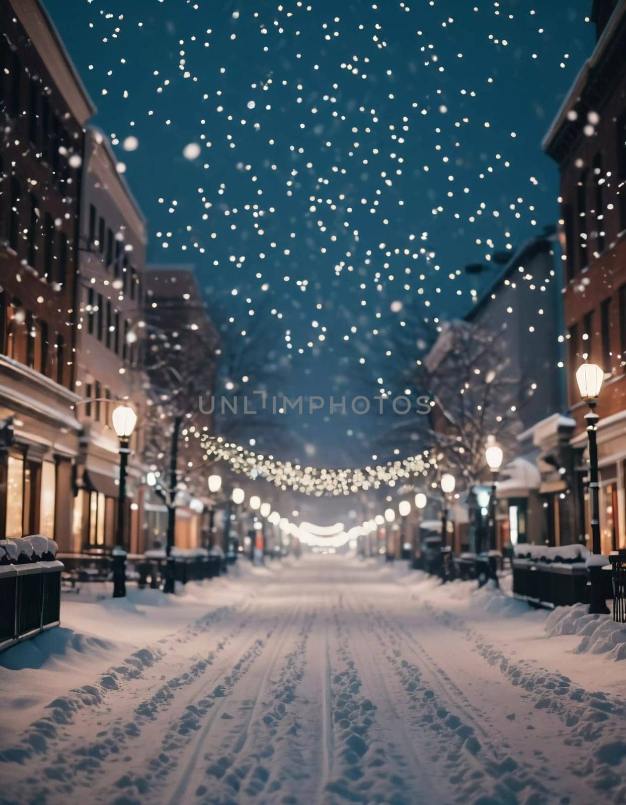 A quiet winter evening envelops a city street, where gently falling snow enhances the glow of Christmas lights. The festive atmosphere attracts people celebrating the New Year. Generative AI.