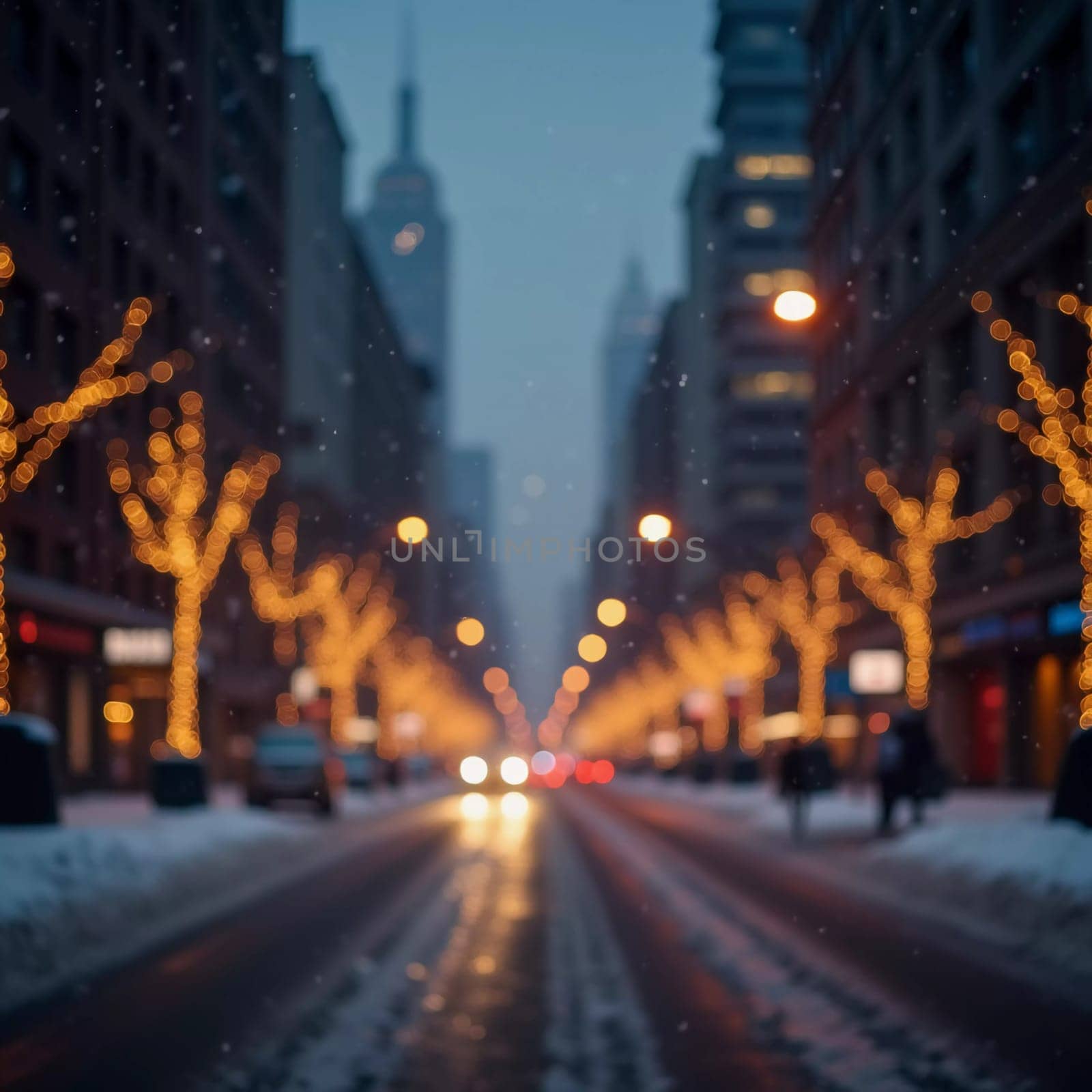 A quiet winter evening envelops a city street, where gently falling snow enhances the glow of Christmas lights. The festive atmosphere attracts people celebrating the New Year. Generative AI.