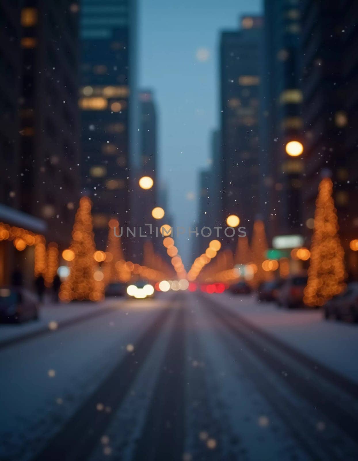 A quiet winter evening envelops a city street, where gently falling snow enhances the glow of Christmas lights. The festive atmosphere attracts people celebrating the New Year. Generative AI.