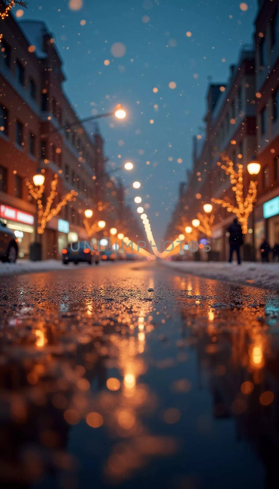 A quiet winter evening envelops a city street, where gently falling snow enhances the glow of Christmas lights. The festive atmosphere attracts people celebrating the New Year. Generative AI.