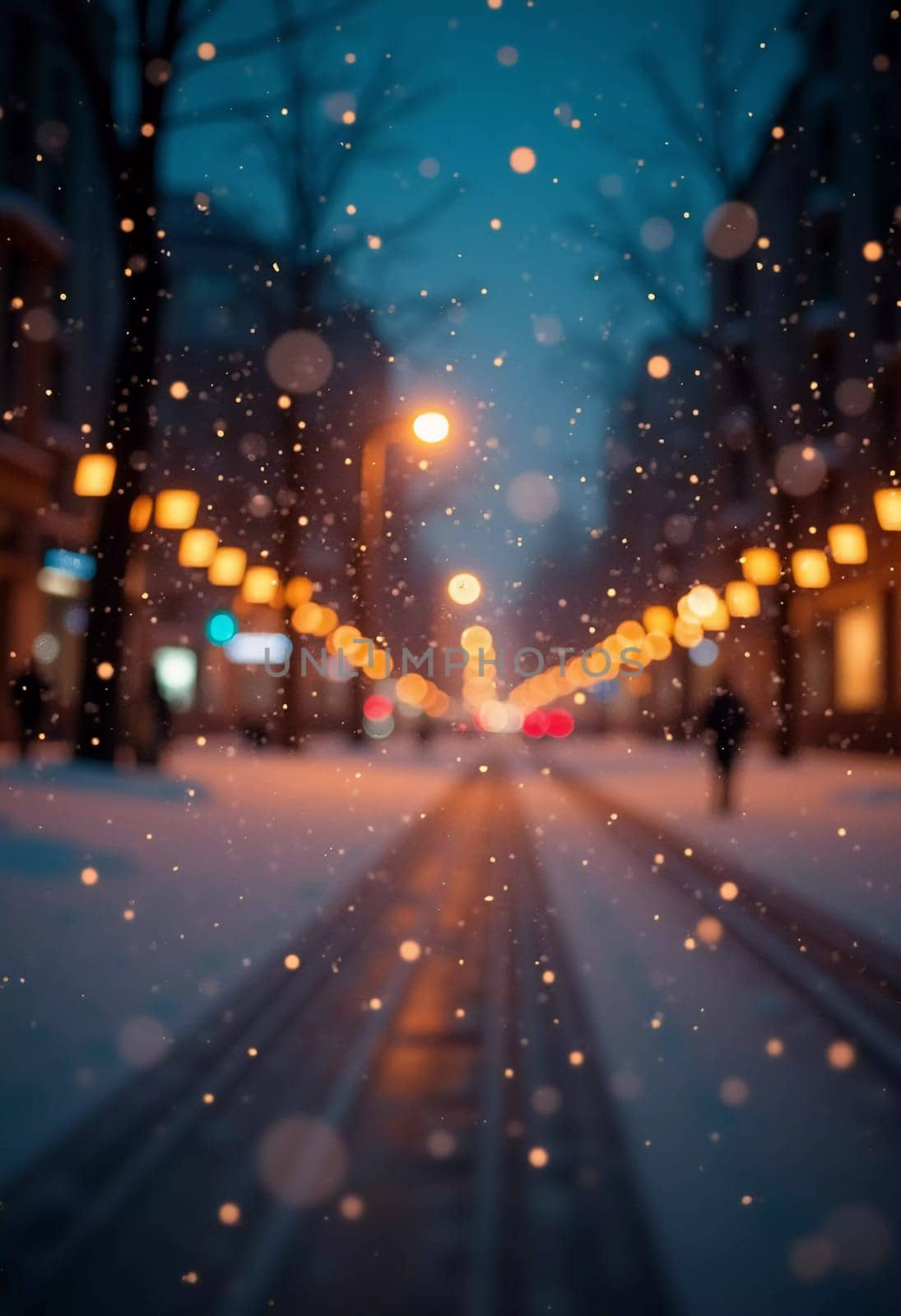 A quiet winter evening envelops a city street, where gently falling snow enhances the glow of Christmas lights. The festive atmosphere attracts people celebrating the New Year. Generative AI.