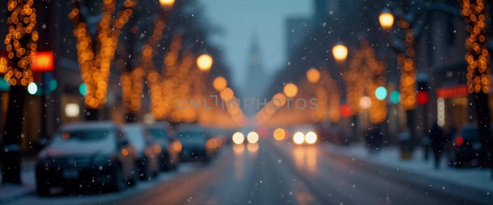 A quiet winter evening envelops a city street, where gently falling snow enhances the glow of Christmas lights. The festive atmosphere attracts people celebrating the New Year. Generative AI.