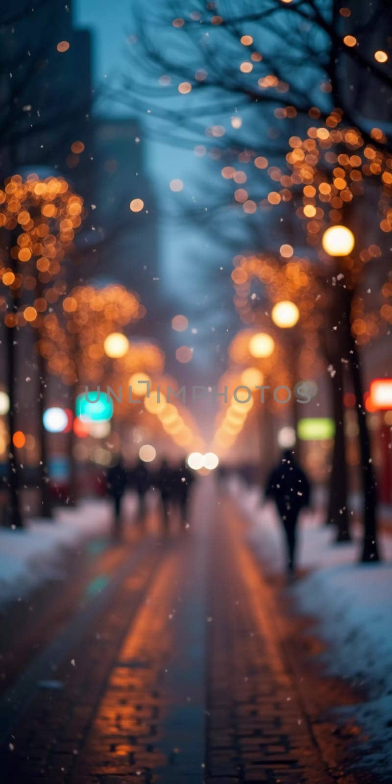 A quiet winter evening envelops a city street, where gently falling snow enhances the glow of Christmas lights. The festive atmosphere attracts people celebrating the New Year. Generative AI.