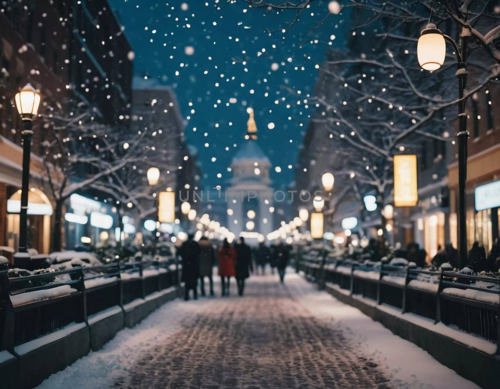 A quiet winter evening envelops a city street, where gently falling snow enhances the glow of Christmas lights. The festive atmosphere attracts people celebrating the New Year. Generative AI.
