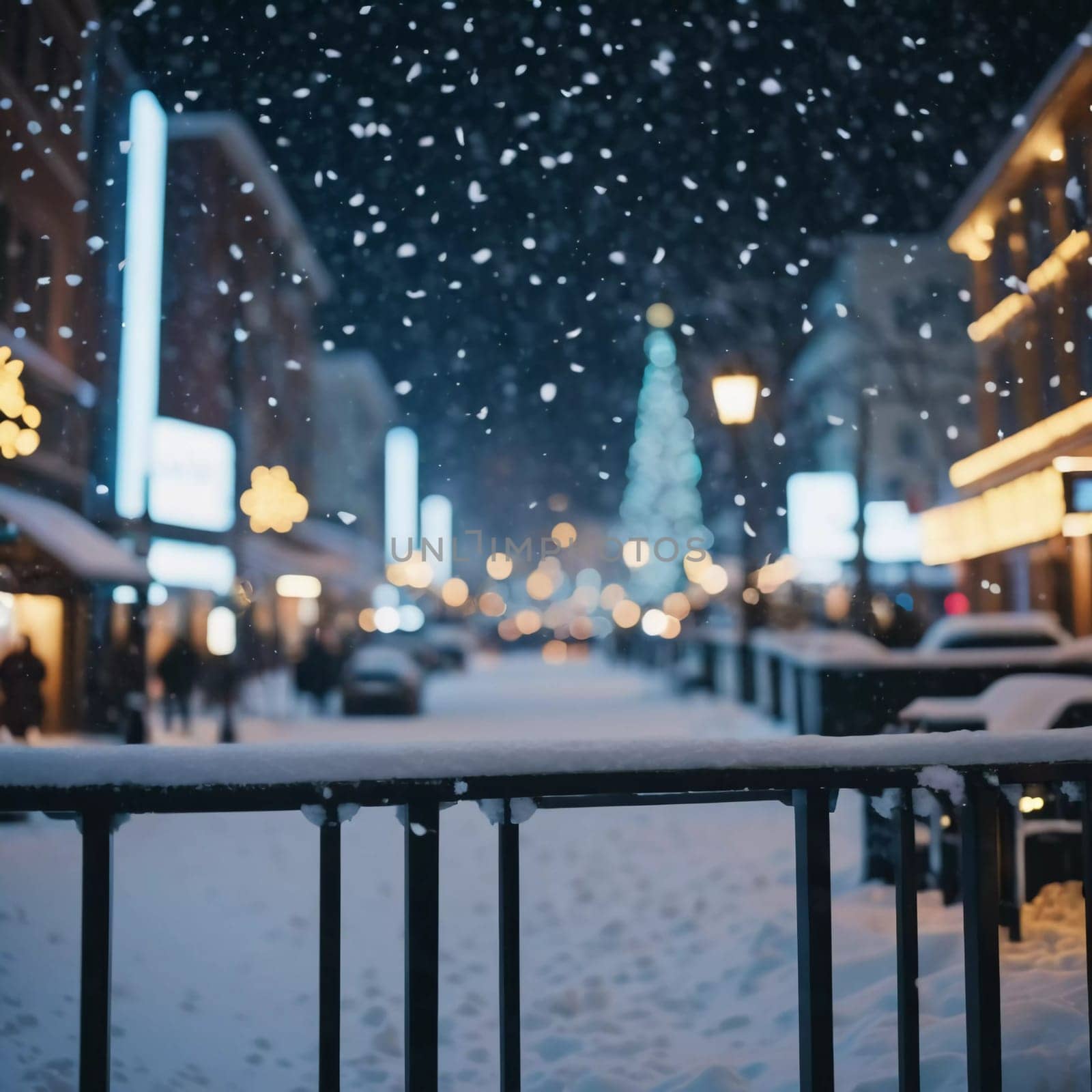A quiet winter evening envelops a city street, where gently falling snow enhances the glow of Christmas lights. The festive atmosphere attracts people celebrating the New Year. Generative AI.