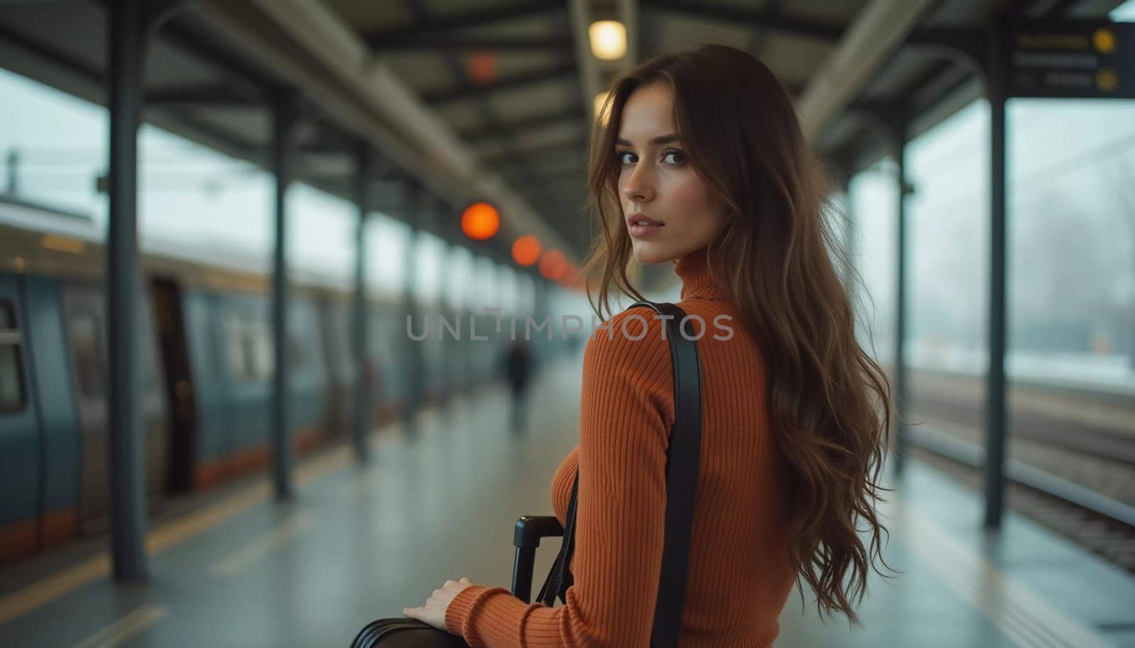 A girl with wavy hair stands at a train station, turning to look at the camera while holding a suitcase. Travelers bustle past her as she waits for her train. Beautiful young woman. Generative AI.